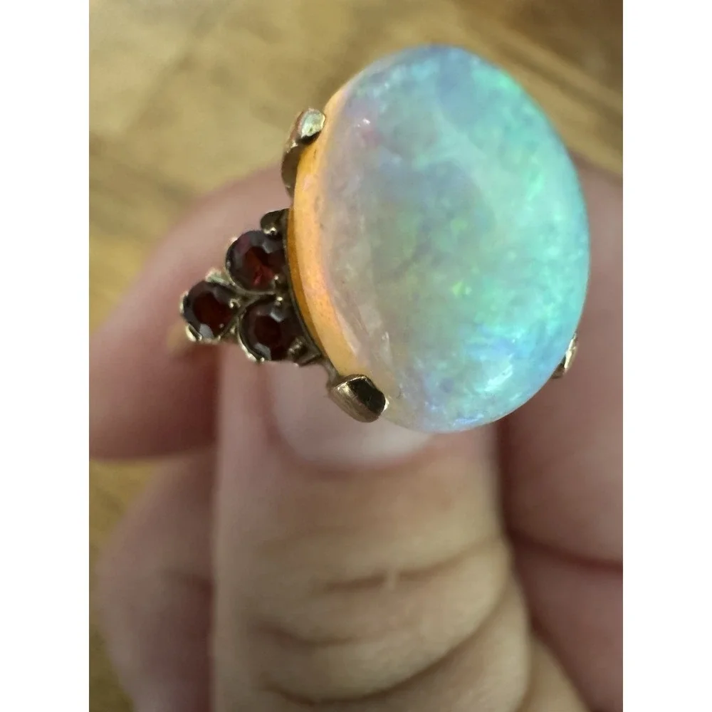 Vintage Large Natural Crystal Australian Opal & Ruby Ring 14K Size 8.75